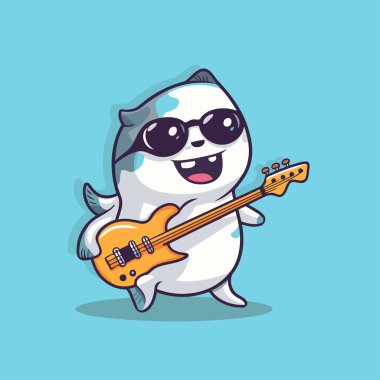 Gitar çizgi film karakteri çizimi olan panda. Güneş gözlüklü ve gitarlı şirin bir panda..