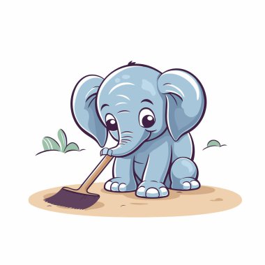 Süpürgeyle kumu temizleyen sevimli bir fil çizgi filmi. Vektör illüstrasyonu.