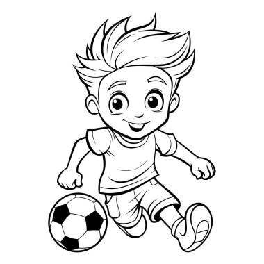 Futbol oynayan çocuk - boyama kitabı için siyah-beyaz vektör çizimi.