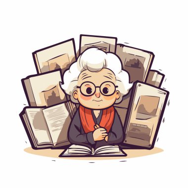 Kitap okuyan yaşlı bir kadın. Kitap okuyan yaşlı bir kadının vektör çizimi.