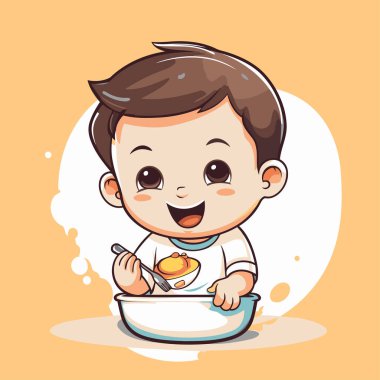 Yemek yiyen sevimli erkek bebek. Vektör çizimi. Çizgi film biçimi.