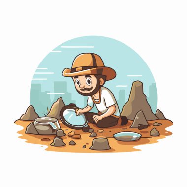 Çiftçi büyüteçten bakıyor. Çizgi film tarzında vektör illüstrasyonu