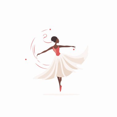 Beyaz elbiseyle dans eden sevimli Afrikalı Amerikalı balerin. Düz biçim vektör illüstrasyonu.