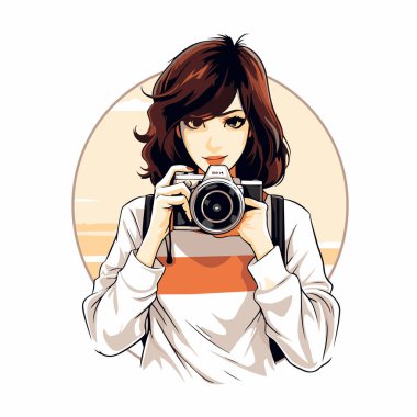 Kameralı güzel bir fotoğrafçı kız. Retro biçiminde vektör illüstrasyonu.