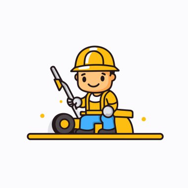 Çizgi filmdeki miğfer ve tulumlu inşaat işçisi. Vektör illüstrasyonu.