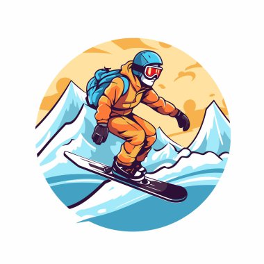 Dağlarda atlayan bir snowboardcu. Retro biçiminde vektör illüstrasyonu.