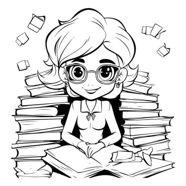Kitap okuyan sevimli bir karikatür kızı. Siyah ve beyaz vektör çizimi.