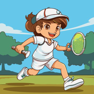 Sahada tenis oynayan küçük bir kız. Tenis oynayan bir çocuğun vektör çizimi.