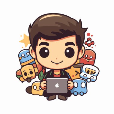 Tabletli sevimli çocuk. Çizgi film tarzında vektör illüstrasyonu.