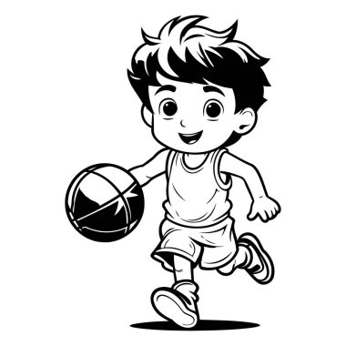Basketbol oynayan küçük çocuk - Siyah ve Beyaz Çizgi Film İllüstrasyonu. Vektör