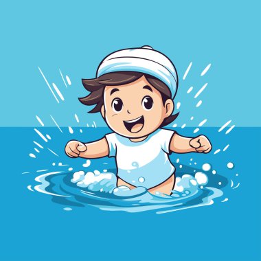 Havuzda yüzen şirin bir çocuğun vektör çizimi. Çizgi film biçimi.