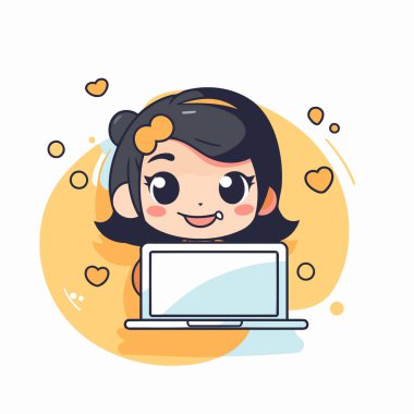 Laptop kullanan şirin küçük kız. Çizgi film tarzında vektör illüstrasyonu.