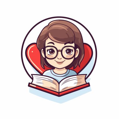 Kalp şeklinde kitap okuyan gözlüklü bir kızın vektör çizimi