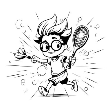 Tenis Oynayan Bir Çocuğun Siyah ve Beyaz Çizgi Filmleri- Boyama Kitabı