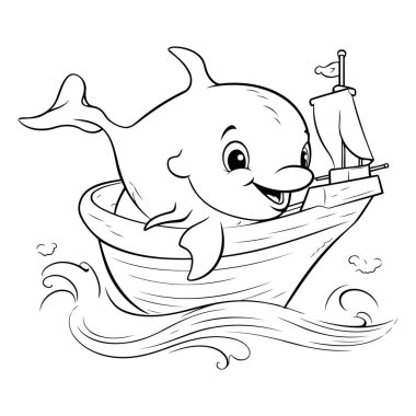Çocuklar için boyama kitabı: teknedeki balina. Vektör illüstrasyonu