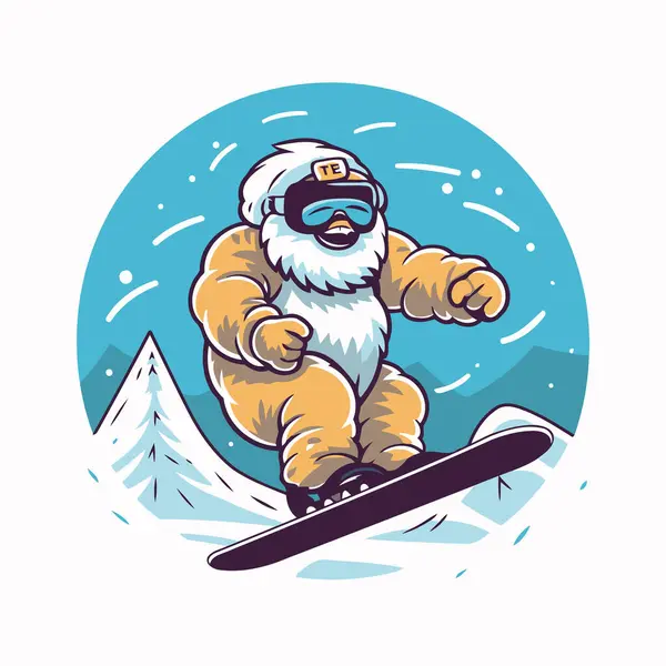 Vector Illustration Santa Claus Snowboarder Skiing Snowy Mountains — Stock Vector