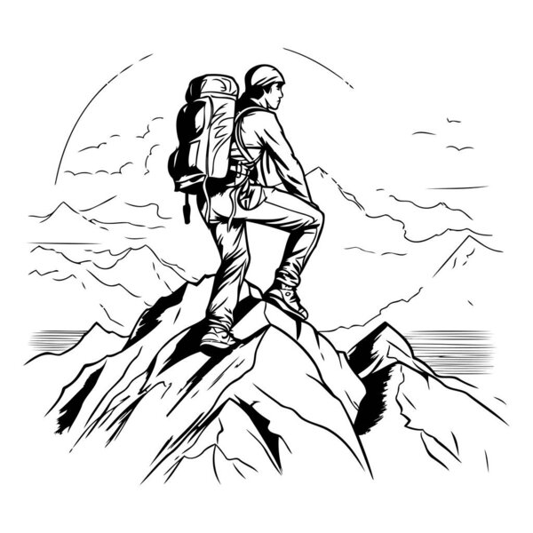 Турист на вершине горы. Векторная иллюстрация в стиле эскиза.