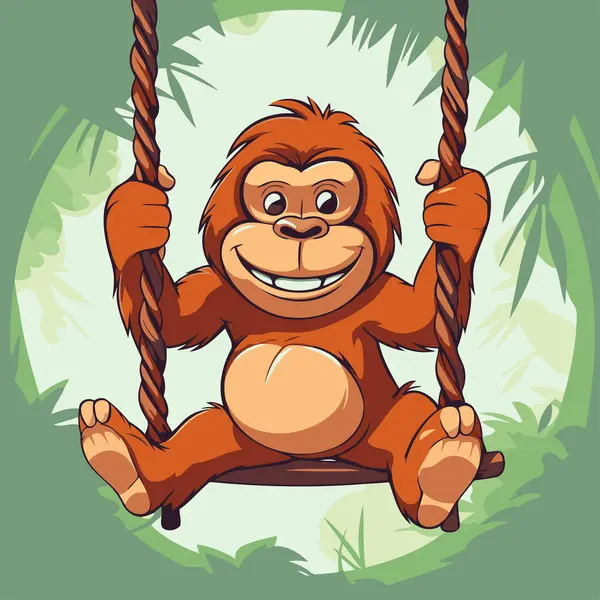 Vector Illustration Cute Cartoon Monkey Sitting Swing Jungle — Stock Vector