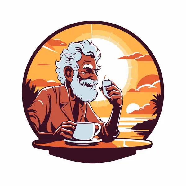 Retro Styl Ilustrace Starého Muže Pití Kávy Nebo Čaje Kavárně — Stockový vektor