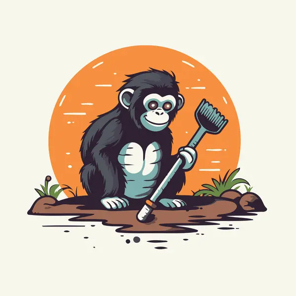 Шимпанзе Лопатой Векторная Иллюстрация Стиле Мультфильма — стоковый вектор