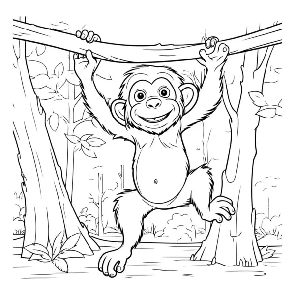 Monkey Climbing Tree Black White Vector Illustration Coloring Book — Stock Vector