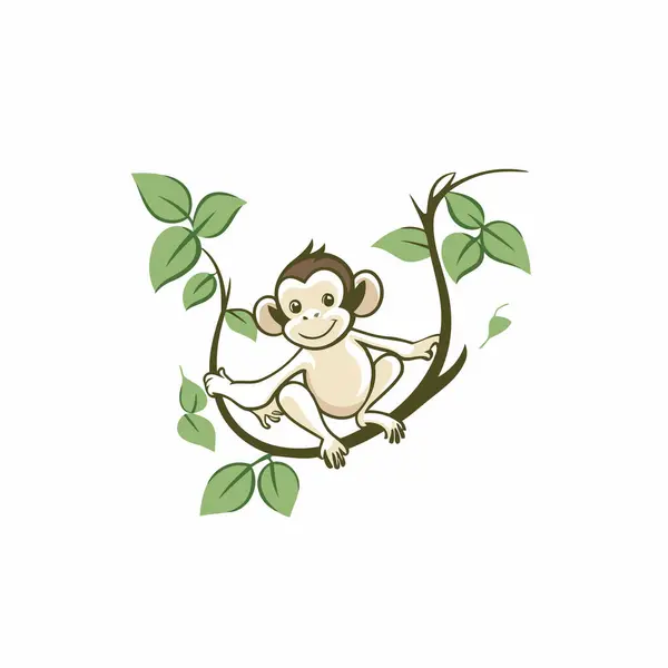 Cute Monkey Sitting Branch Tree Vector Illustration — Stock Vector