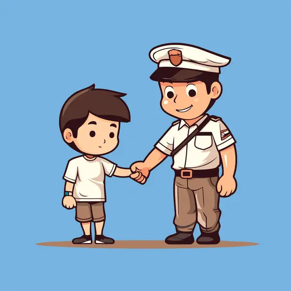 Politieagent Jongen Die Elkaars Hand Vasthouden Cartoon Vector Illustratie Geïsoleerd — Stockvector