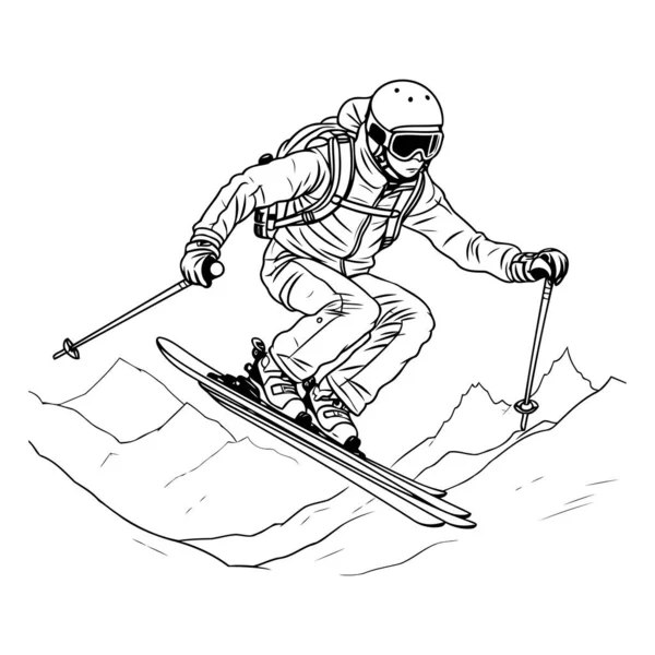 Skiing in the mountains. Vector illustration of a skier skiing downhill.