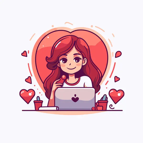 Sevgililer Günü Vektör Illüstrasyonu Dizüstü Bilgisayarı Kalbi Olan Tatlı Bir — Stok Vektör