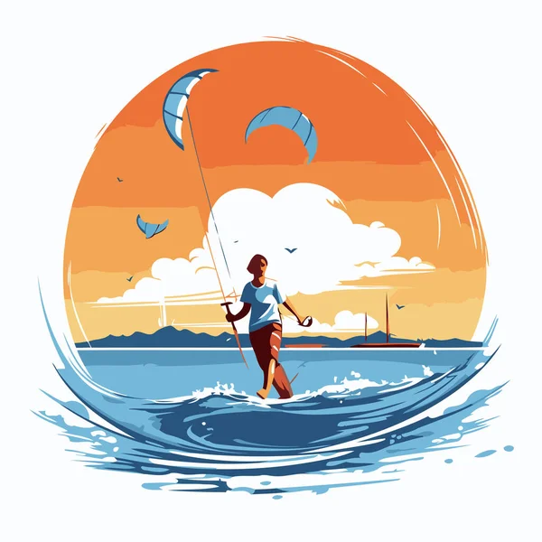 Kitesurfing Man Riding Kite Sea Vector Illustration — Stock Vector