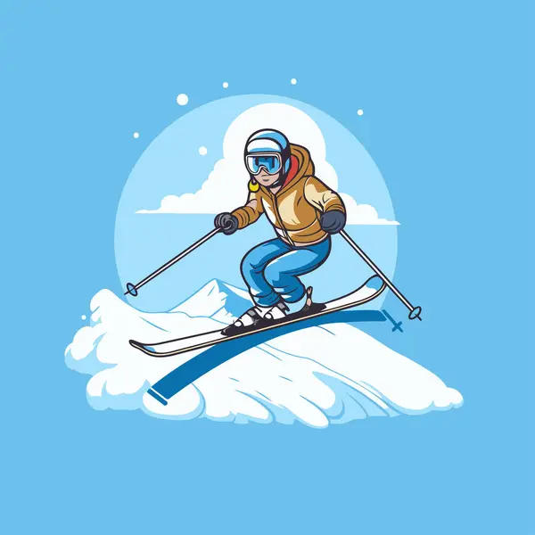 Ilustração Vetor Homem Esquiando Esqui Capacete Óculos Esqui Downhill — Vetor de Stock