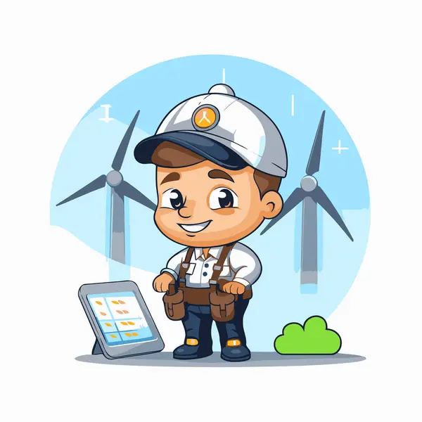 Cute Cartoon Boy Pilot Hat Uniform Wind Turbines Background — Stock Vector