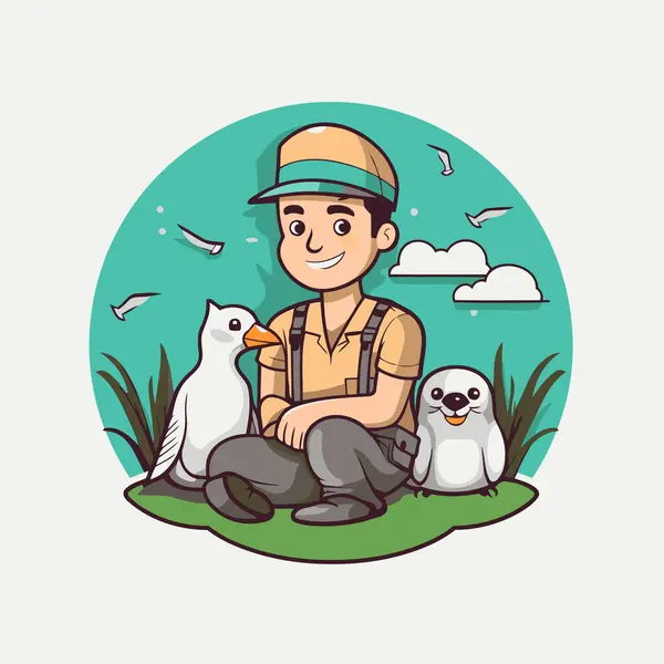 Gardener Seagulls Cartoon Vector Illustration Graphic Design — Stock Vector