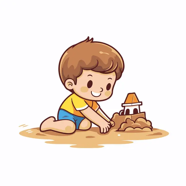 Cute Little Boy Playing Sand Building Castle Vector Illustration — Stock Vector