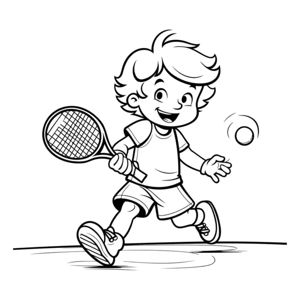 stock vector Tennis Player - Black and White Cartoon Illustration of a Kid Playing Tennis