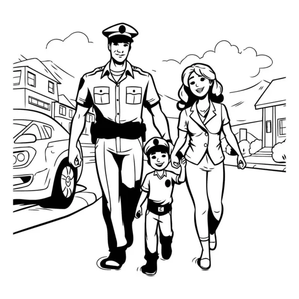 Policjanci Dzieckiem Ulicy Czarno Biały Wektor Ilustracja — Wektor stockowy