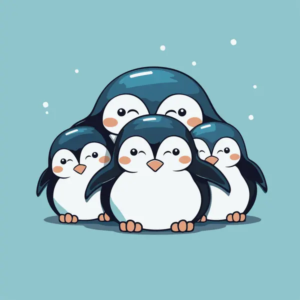 蓝色背景的可爱企鹅家庭 矢量说明 — 图库矢量图片