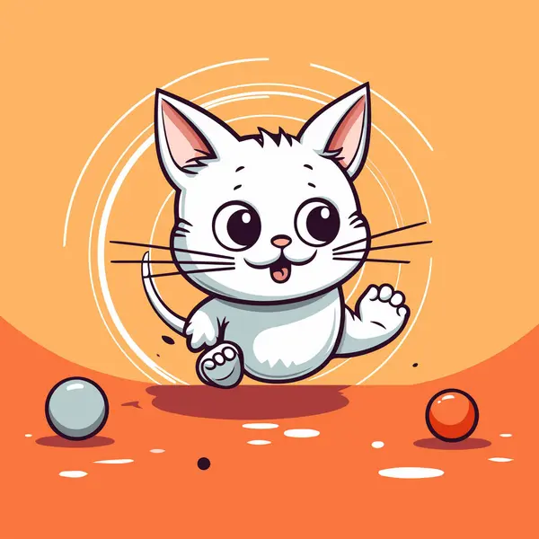 Cute Cartoon Cat Playing Balls Vector Illustration Orange Background — Stock Vector