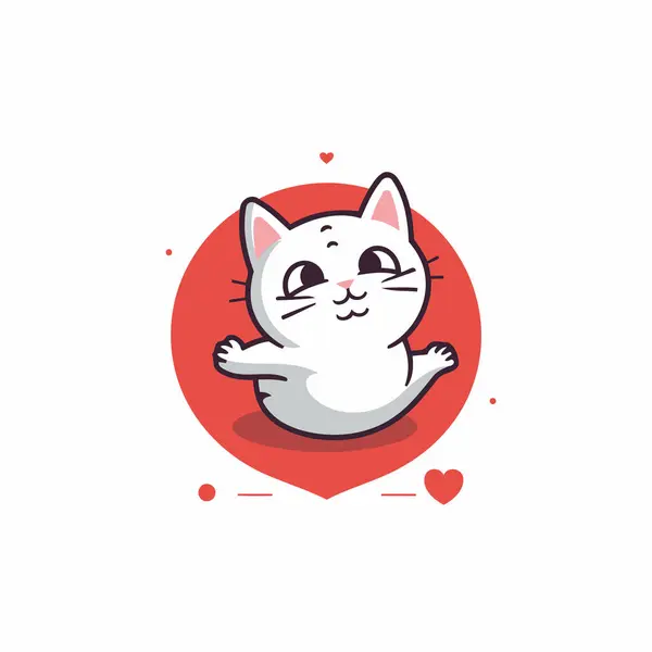 Cute White Cat Sitting Red Heart Vector Flat Illustration — Stock Vector