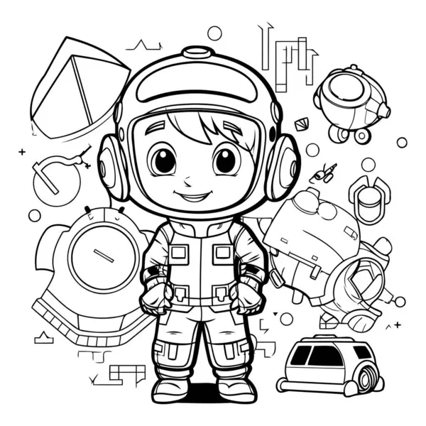 Coloring Page Outline Cartoon Astronaut Boy Vector Illustration — Stock Vector
