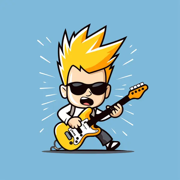 Cartoon Rock Musician Playing Electric Guitar Vector Illustration Cartoon Style — Stock Vector