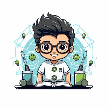 Çizgi roman vektörü illüstrasyon grafik tasarım çizimi grafik tasarımı okuyan sevimli çocuk.