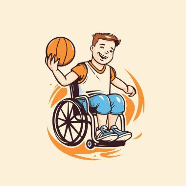 Tekerlekli sandalyedeki engelli adam basketbol vektör çizimi yapıyor. Engelli sporcu maskotu.