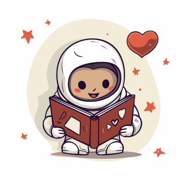 Kitabı olan sevimli bir astronot. Vektör çizimi. Sevimli çizgi film karakteri..