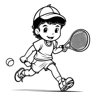 Tenis oynayan küçük çocuk - boyama kitabı için siyah-beyaz vektör çizimi