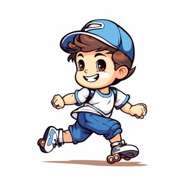 Çocuk paten kayıyor. Beyaz arkaplanda izole edilmiş vektör illüstrasyonu.