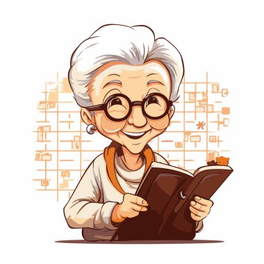 Kitap okuyan yaşlı bir kadın. Vektör illüstrasyonu beyaz arkaplanda izole edildi.