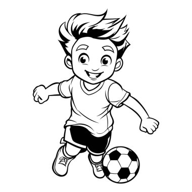 Çocuklar için boyama sayfaları. Çizgi filmci çocuk futbol oynuyor. Vektör illüstrasyonu.