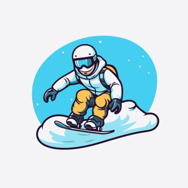 Snowboardcu miğferli ve gözlüklü snowboard 'cu. Vektör illüstrasyonu.