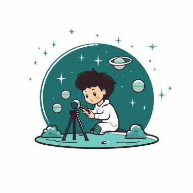 Yıldızlı gecede teleskoplu bir çocuk. Vektör çizgi film illüstrasyonu.